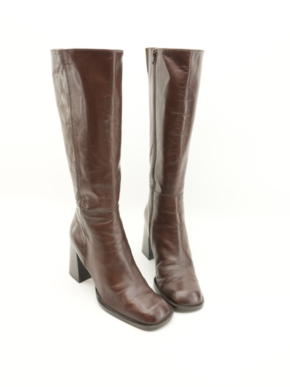 Tall Brown Leather Chunky Heel 90s Dress Knee High Boots Size 10